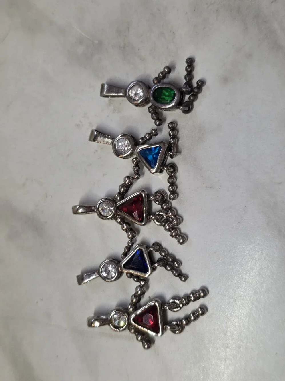 5 Multi-Color Triangle Gem Pendants (Green, Blue, Red)